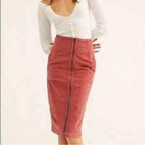 Free People Rust Rose Corduroy Zipper Midi Skirt SZ 30 Boho Textured Earthy